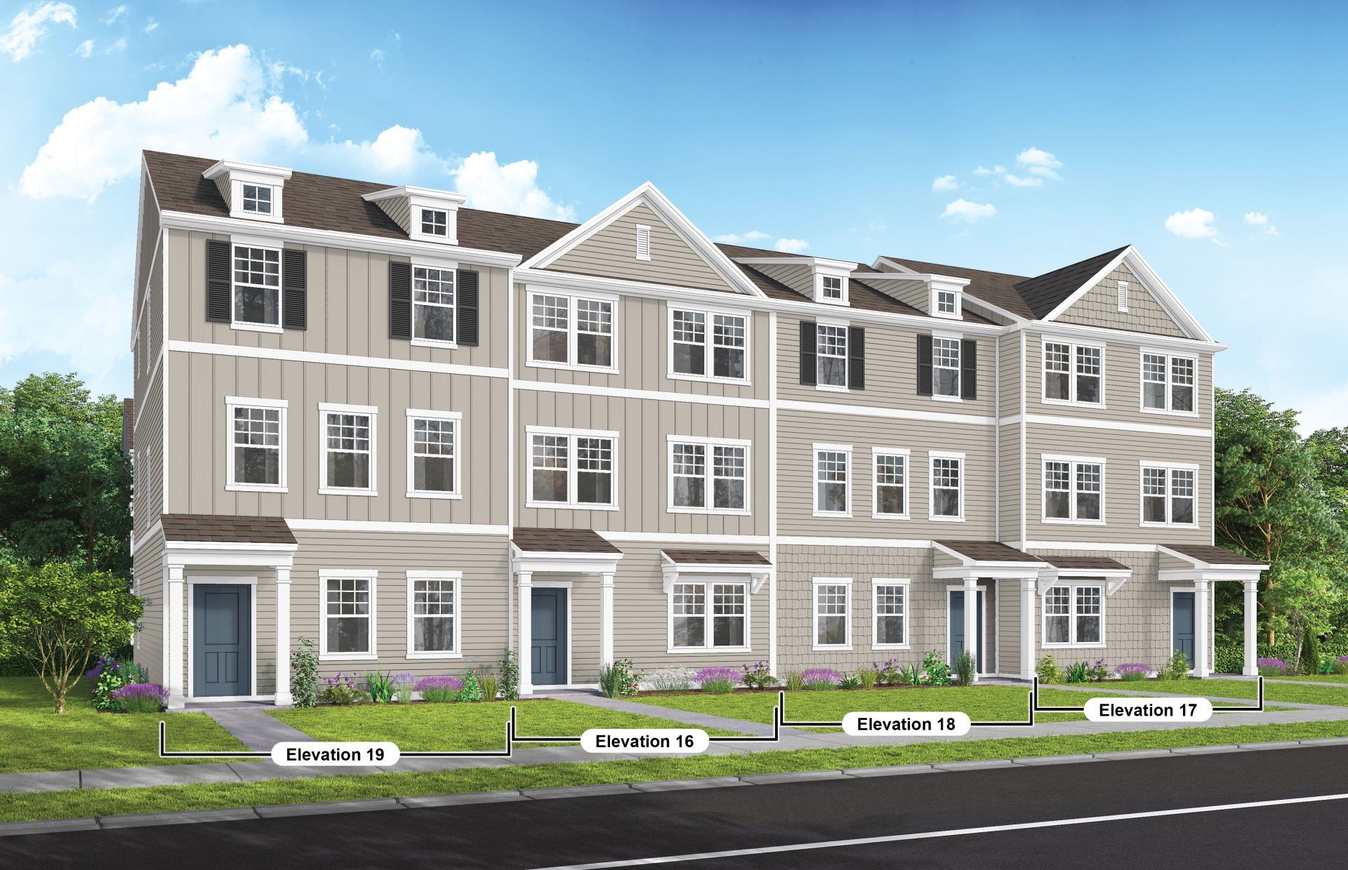 Front exterior of a new home in Lakeside Townes at Riverlights, Wilmington, NC, highlighting curb appeal (Image 1). Front exterior of a new home in Lakeside Townes at Riverlights, Wilmington, NC, highlighting curb appeal (Image 1).