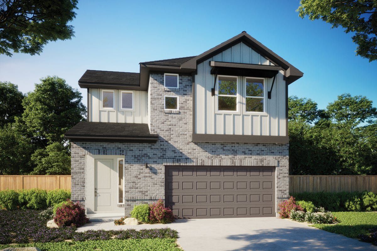 Front exterior of a new home in Saddle Ridge at Wildhorse Ranch, Austin, TX, highlighting curb appeal (Image 1). Front exterior of a new home in Saddle Ridge at Wildhorse Ranch, Austin, TX, highlighting curb appeal (Image 1).