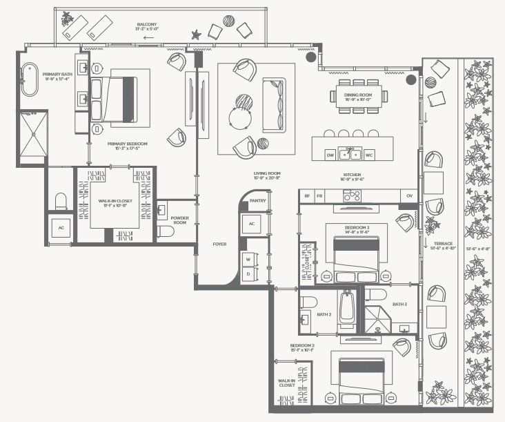2D floor plan layout for the RESIDENCE 08 TERRACE by Terra Group in The WELL Bay Harbor Islands, Bay Harbor Islands, FL (Image 1).