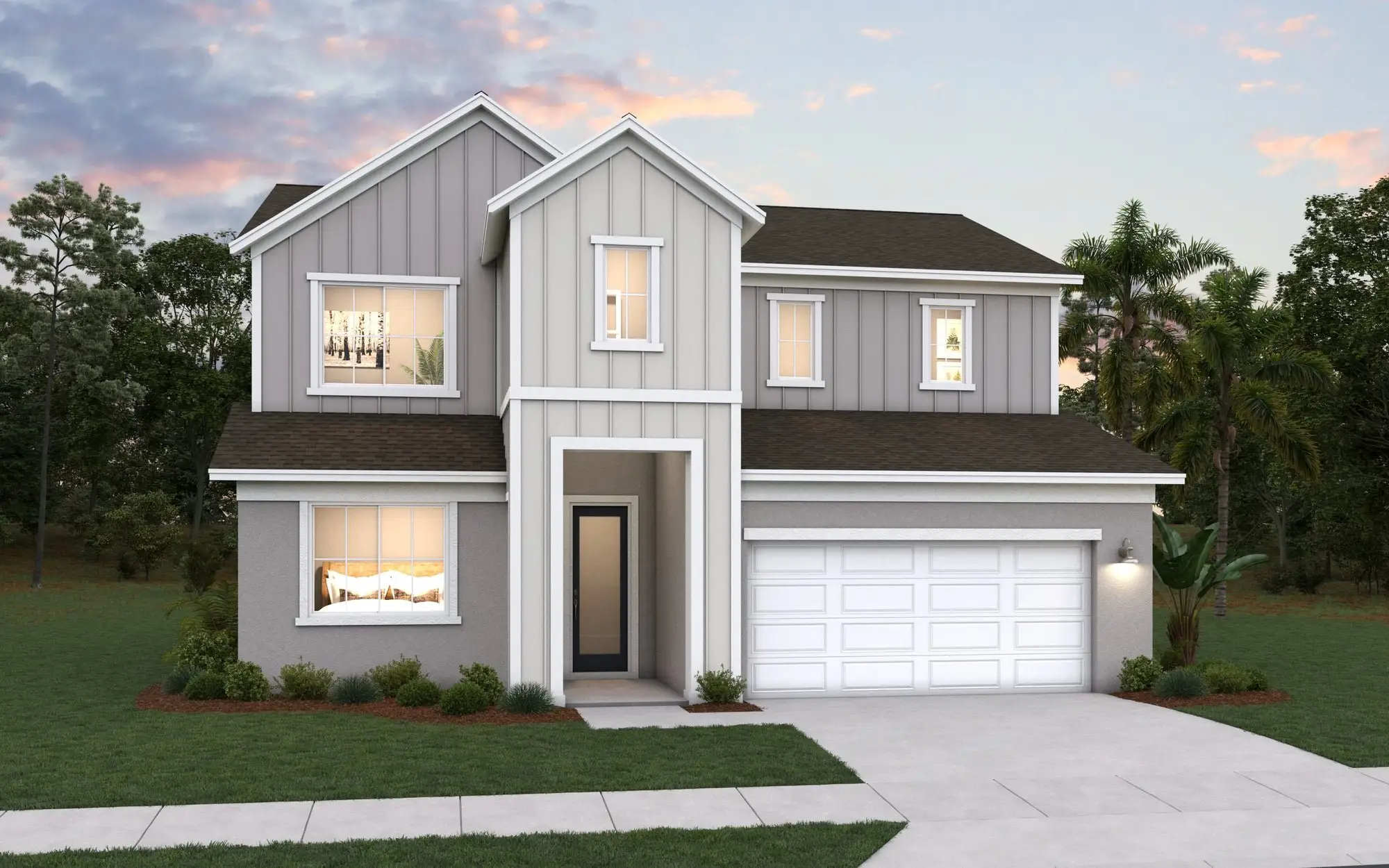 Front exterior of a new home in Seaire, Parrish, FL, highlighting curb appeal (Image 1). Front exterior of a new home in Seaire, Parrish, FL, highlighting curb appeal (Image 1).