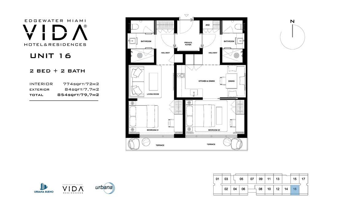 2D floor plan layout for the Unit 16 by Urbana Holdings in Vida Hotel & Residences, Miami, FL (Image 1).