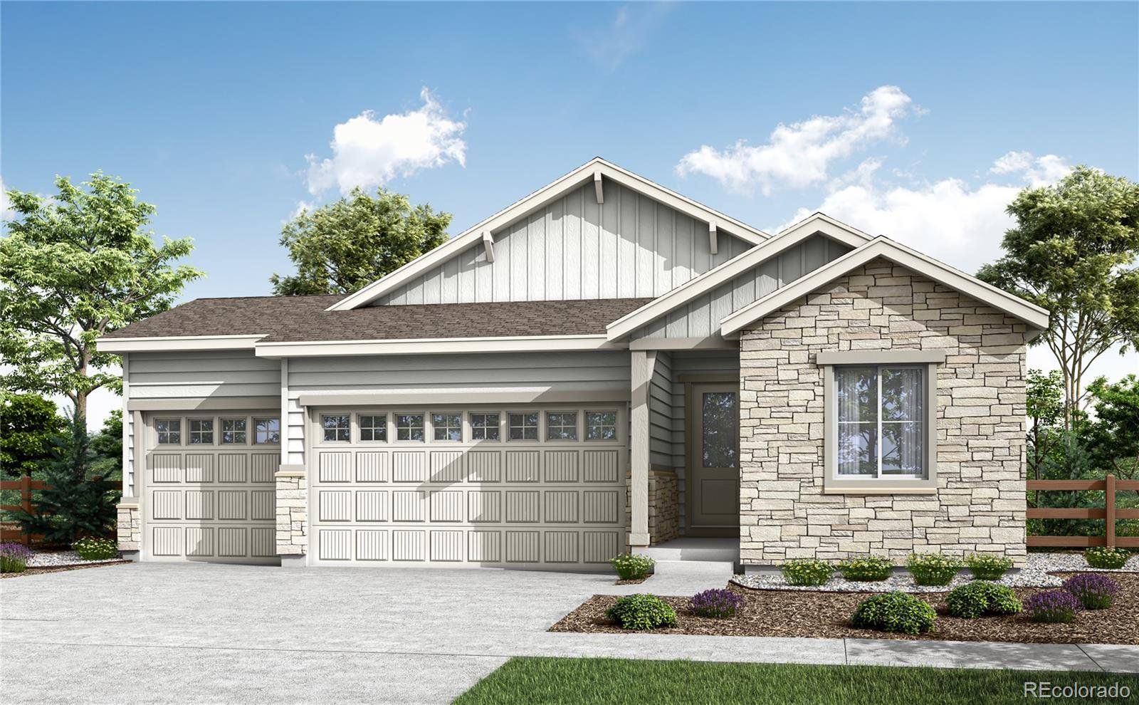 Front exterior of a new home in Prelude at The Aurora Highlands, Aurora, CO, highlighting curb appeal (Image 1).