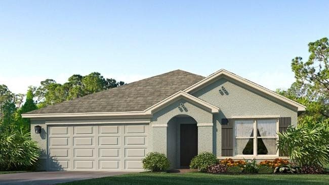 Front exterior of a new home in Oakfield Lakes, Parrish, FL, highlighting curb appeal (Image 1).
