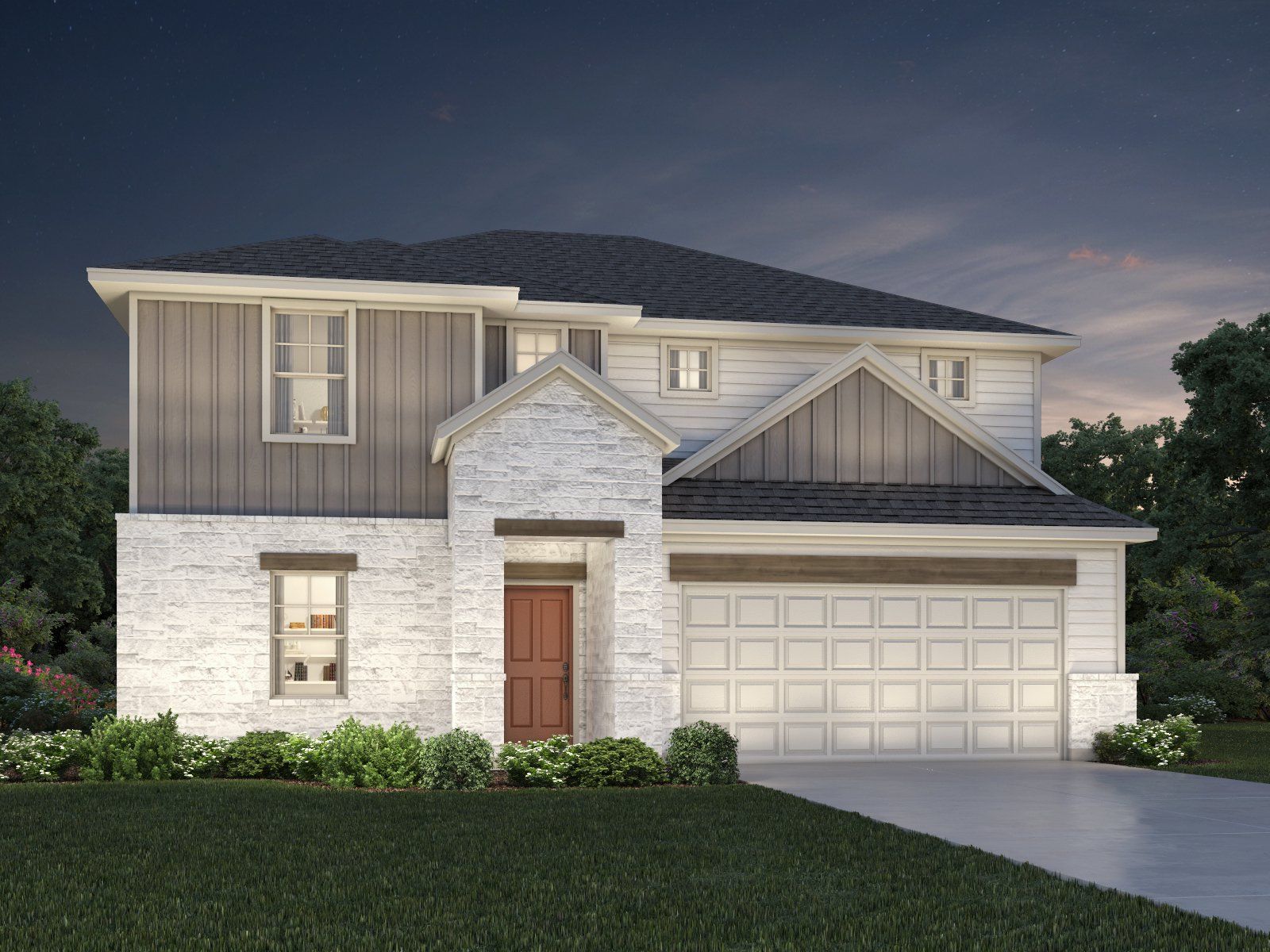 Front exterior of a new home in Butler Farms - Boulevard Collection, Liberty Hill, TX, highlighting curb appeal (Image 1). Front exterior of a new home in Butler Farms - Boulevard Collection, Liberty Hill, TX, highlighting curb appeal (Image 1).