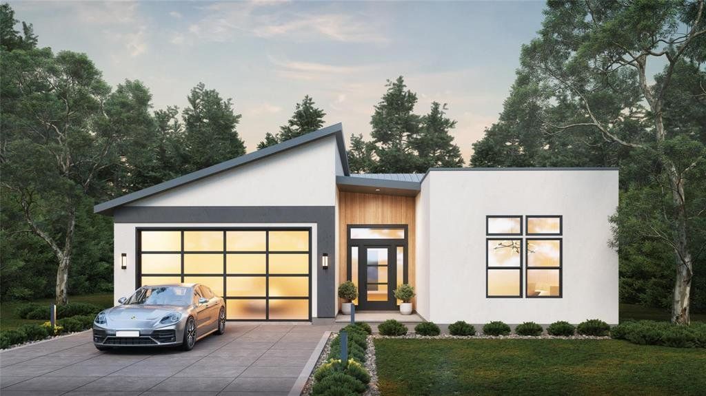 Contemporary home featuring concrete driveway, a front yard, a garage, and stucco siding Contemporary home featuring concrete driveway, a front yard, a garage, and stucco siding