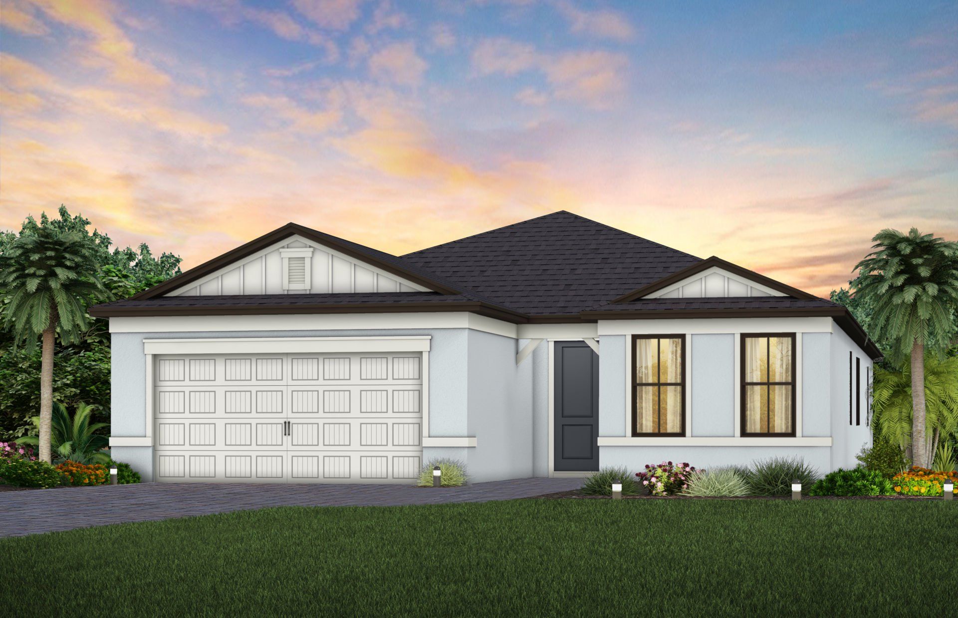 Front exterior of a new home in The Strand at Cedar Grove, North Port, FL, highlighting curb appeal (Image 1). Front exterior of a new home in The Strand at Cedar Grove, North Port, FL, highlighting curb appeal (Image 1).