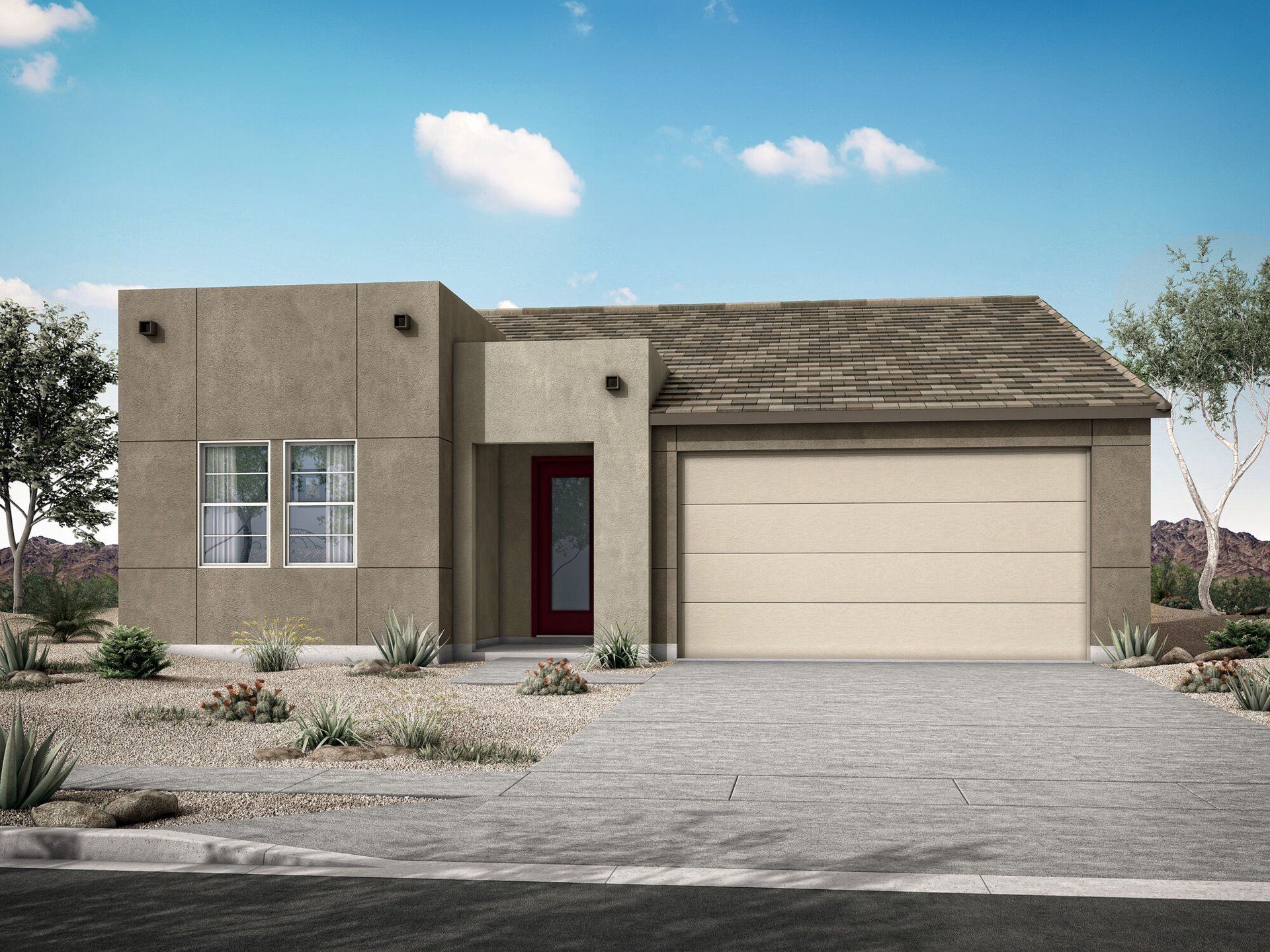 Front exterior of a new home in Pinnacle at San Tan Heights, San Tan Valley, AZ, highlighting curb appeal (Image 1).