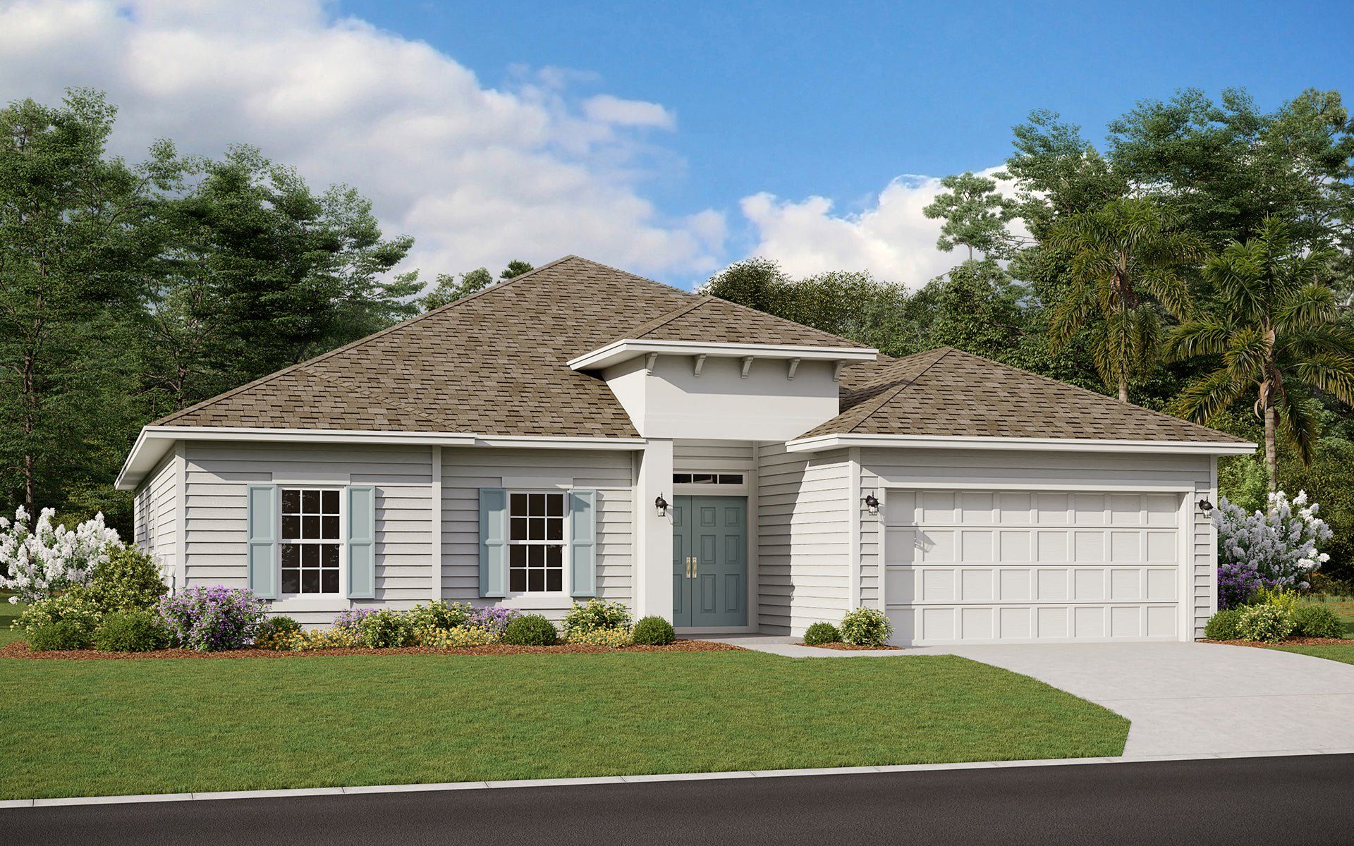 Front exterior of a new home in Seminole Trace, Palm Coast, FL, highlighting curb appeal (Image 1). Front exterior of a new home in Seminole Trace, Palm Coast, FL, highlighting curb appeal (Image 1).
