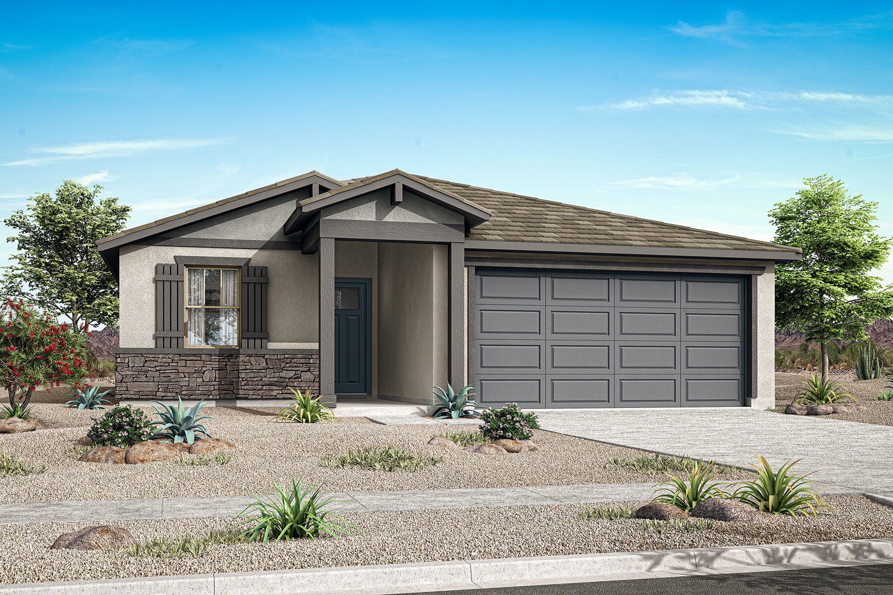 Front exterior of a new home in Soleo, San Tan Valley, AZ, highlighting curb appeal (Image 1). Front exterior of a new home in Soleo, San Tan Valley, AZ, highlighting curb appeal (Image 1).