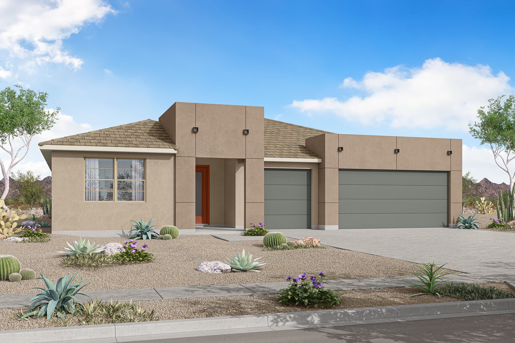 Front exterior of a new home in Las Ventanas, Goodyear, AZ, highlighting curb appeal (Image 1). Front exterior of a new home in Las Ventanas, Goodyear, AZ, highlighting curb appeal (Image 1).