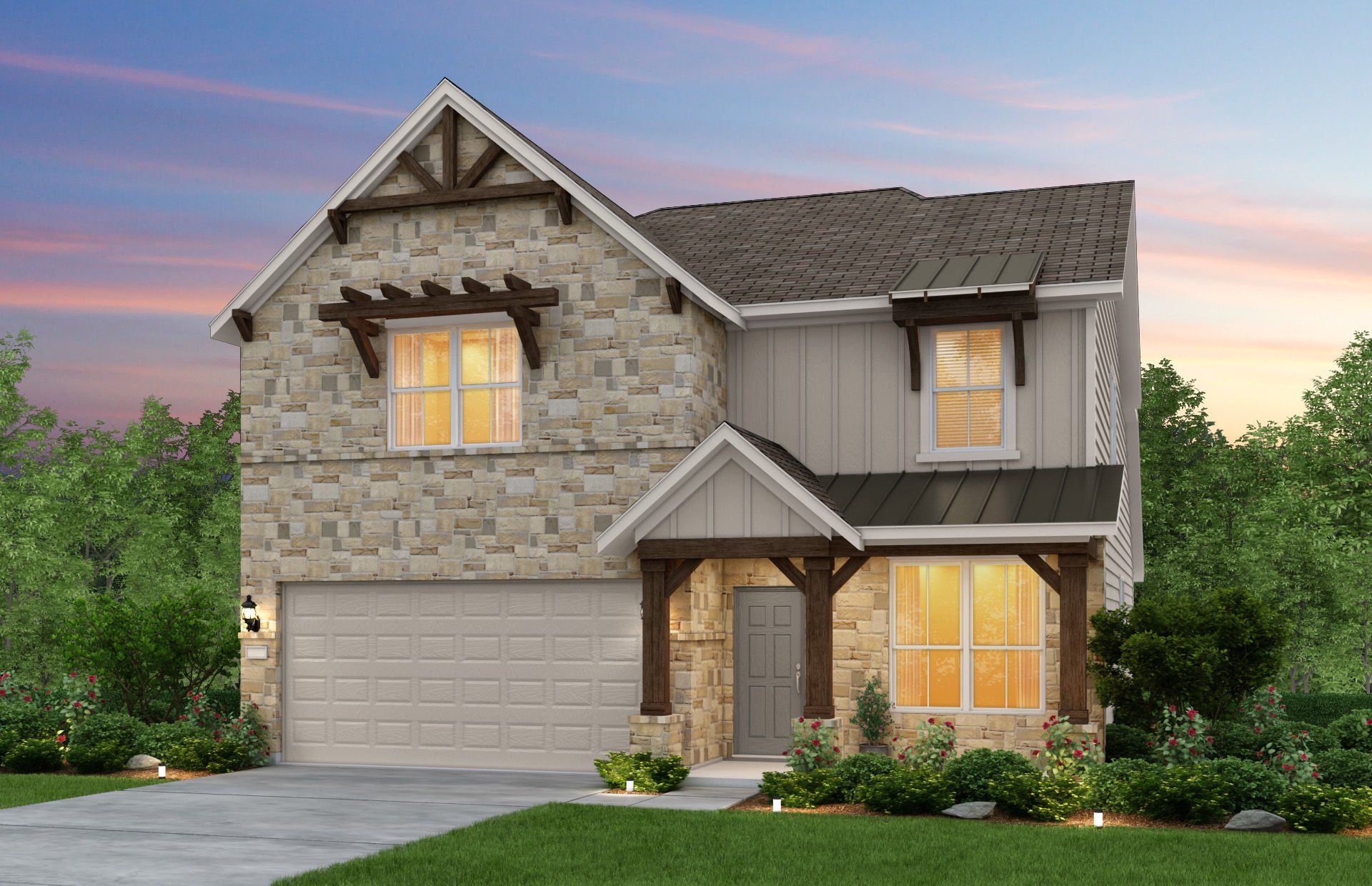 Front exterior of a new home in Santa Rita Ranch, Liberty Hill, TX, highlighting curb appeal (Image 1).