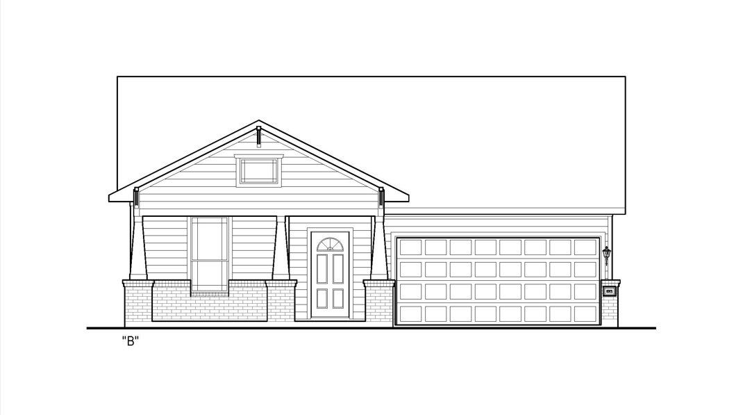 Architectural line drawing of single-story home elevation B with covered porch and two-car garage Architectural line drawing of single-story home elevation B with covered porch and two-car garage