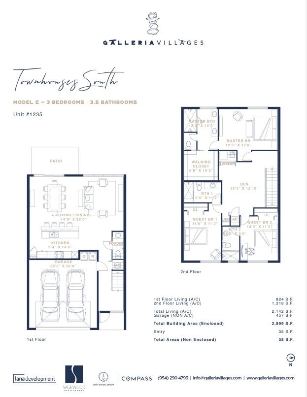 2D floor plan layout for the Townhouse South - Model E by Lana Development in Galleria Villages, Fort Lauderdale, FL (Image 1).