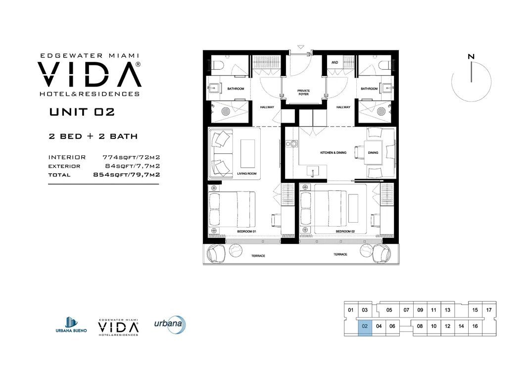2D floor plan layout for the Unit 02 by Urbana Holdings in Vida Hotel & Residences, Miami, FL (Image 1).