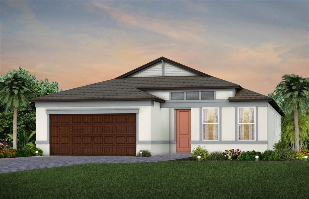 Front exterior of a new home in Vida's Way, Wesley Chapel, FL, highlighting curb appeal (Image 1). Front exterior of a new home in Vida's Way, Wesley Chapel, FL, highlighting curb appeal (Image 1).
