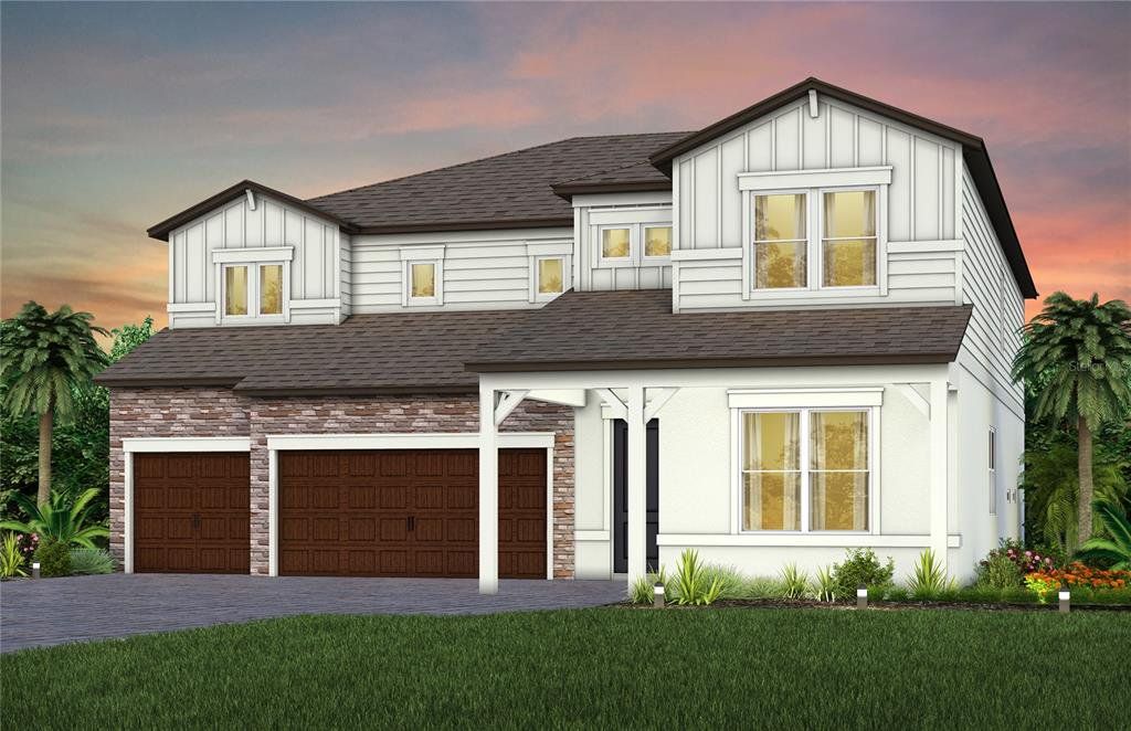 Front exterior of a new home in Vida's Way, Wesley Chapel, FL, highlighting curb appeal (Image 1). Front exterior of a new home in Vida's Way, Wesley Chapel, FL, highlighting curb appeal (Image 1).