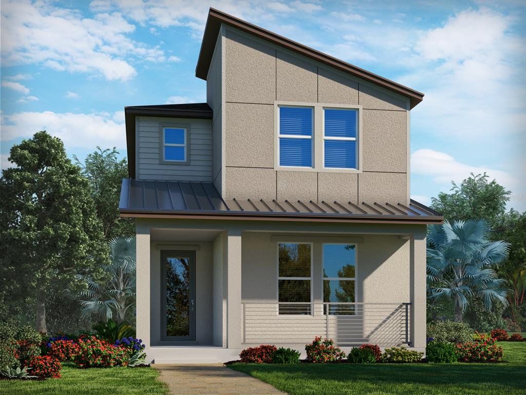 Front exterior of a new home in The Meadow at Crossprairie Bungalows, St. Cloud, FL, highlighting curb appeal (Image 1).