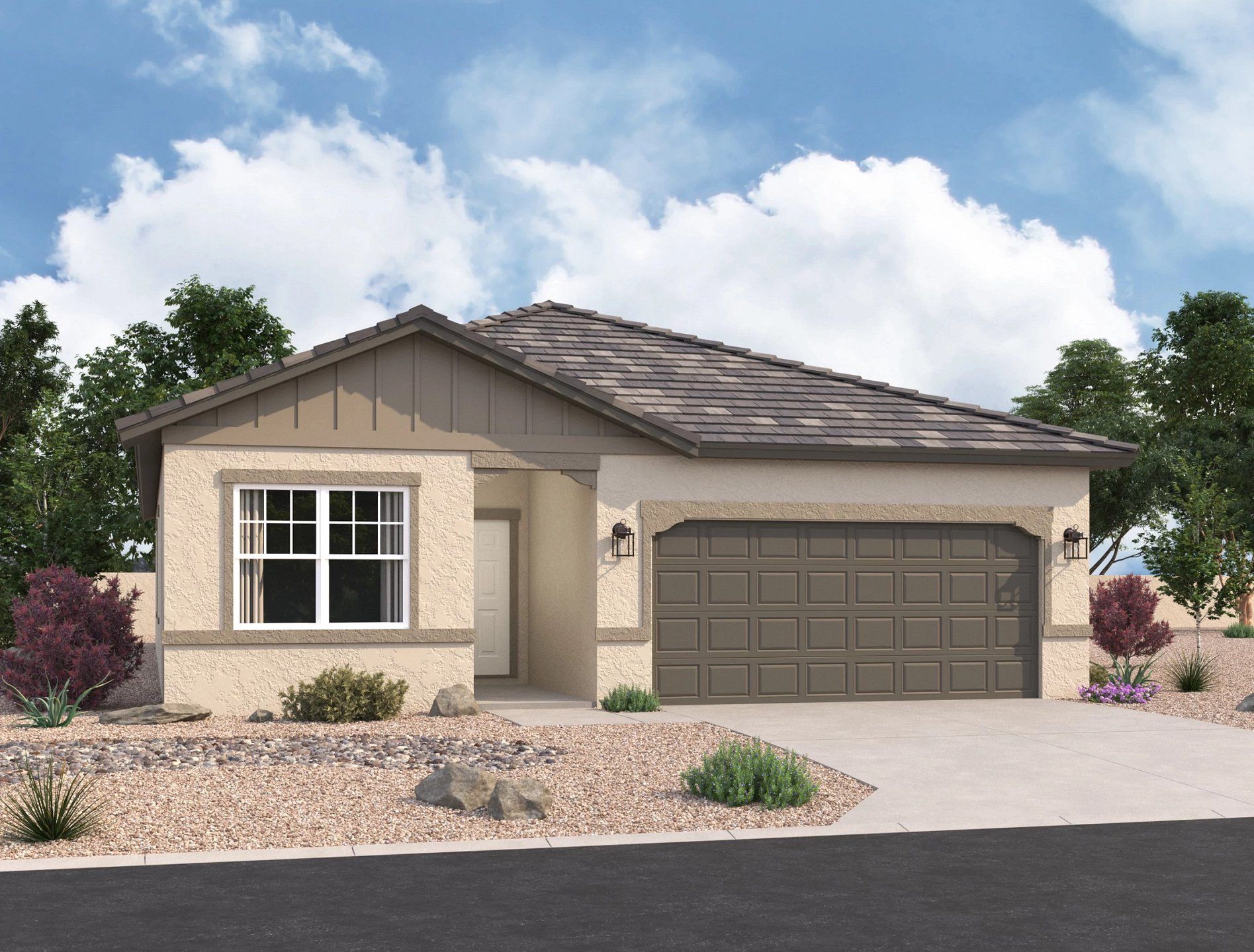 Front exterior of a new home in Laveen Farms, Phoenix, AZ, highlighting curb appeal (Image 1). Front exterior of a new home in Laveen Farms, Phoenix, AZ, highlighting curb appeal (Image 1).