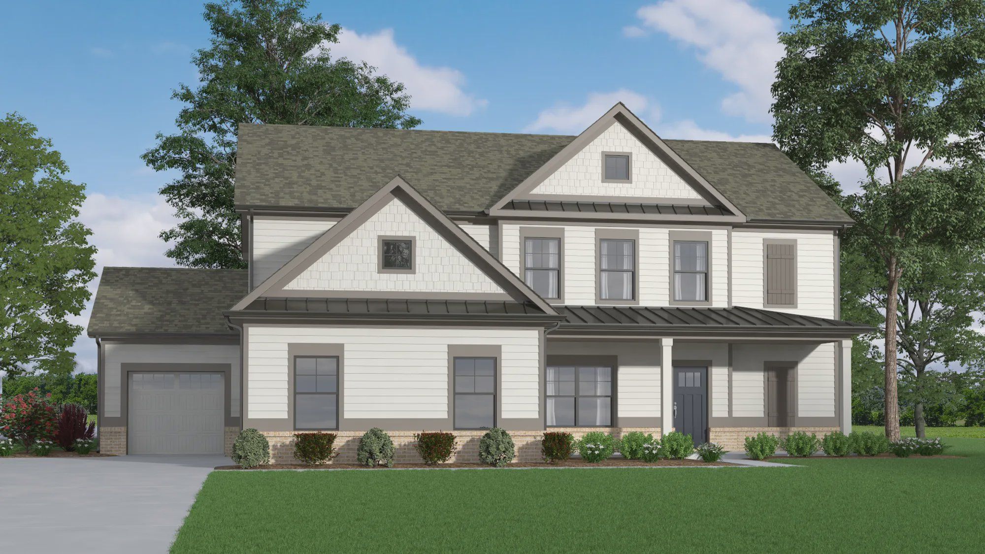 Front exterior of a new home in Woodland Hills, Loganville, GA, highlighting curb appeal (Image 1).