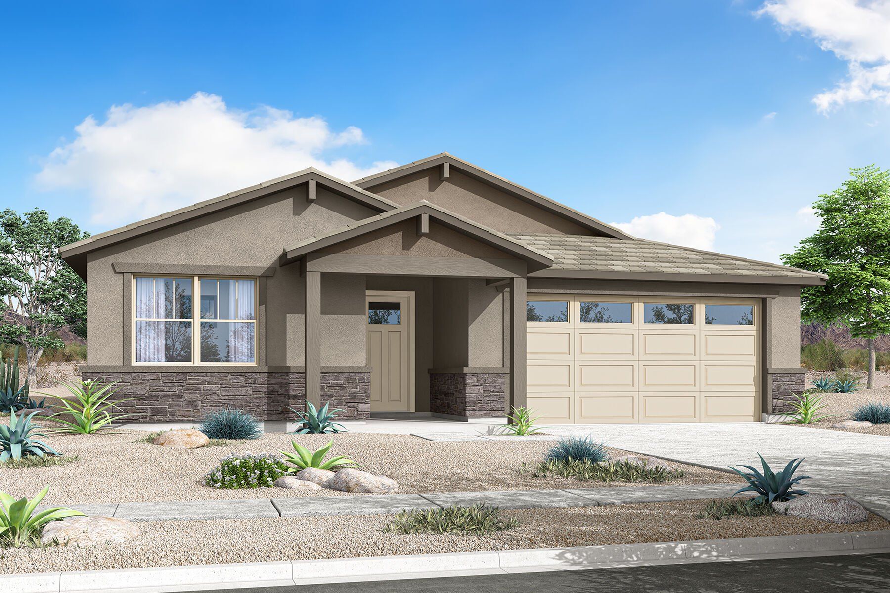 Front exterior of a new home in Pinnacle at San Tan Heights, San Tan Valley, AZ, highlighting curb appeal (Image 1). Front exterior of a new home in Pinnacle at San Tan Heights, San Tan Valley, AZ, highlighting curb appeal (Image 1).