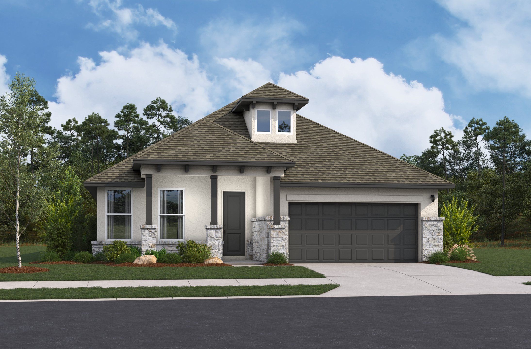 Front exterior of a new home in Flat Creek, Castroville, TX, highlighting curb appeal (Image 1). Front exterior of a new home in Flat Creek, Castroville, TX, highlighting curb appeal (Image 1).