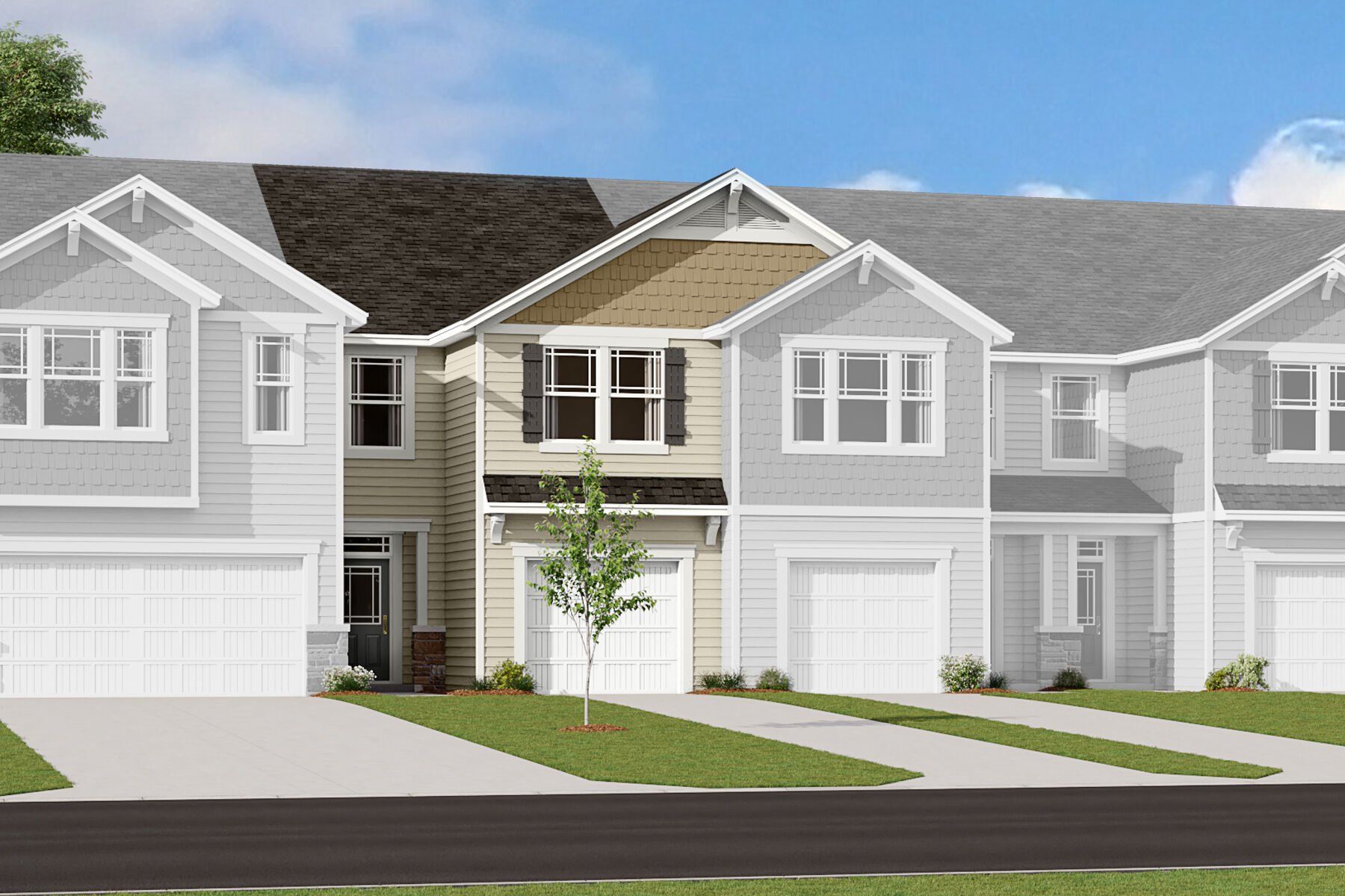 Front exterior of a new home in The Townes at Cheyney, Charlotte, NC, highlighting curb appeal (Image 1).