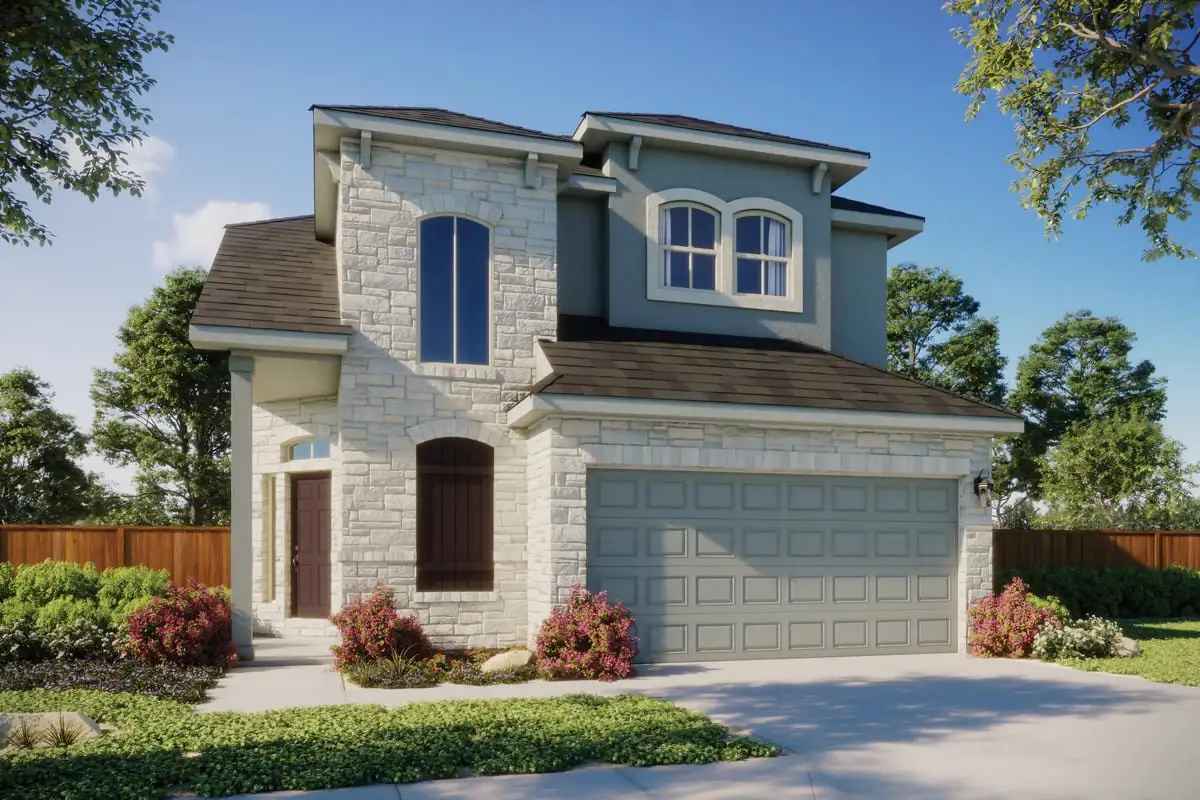 Front exterior of a new home in Crosswinds, Kyle, TX, highlighting curb appeal (Image 1). Front exterior of a new home in Crosswinds, Kyle, TX, highlighting curb appeal (Image 1).