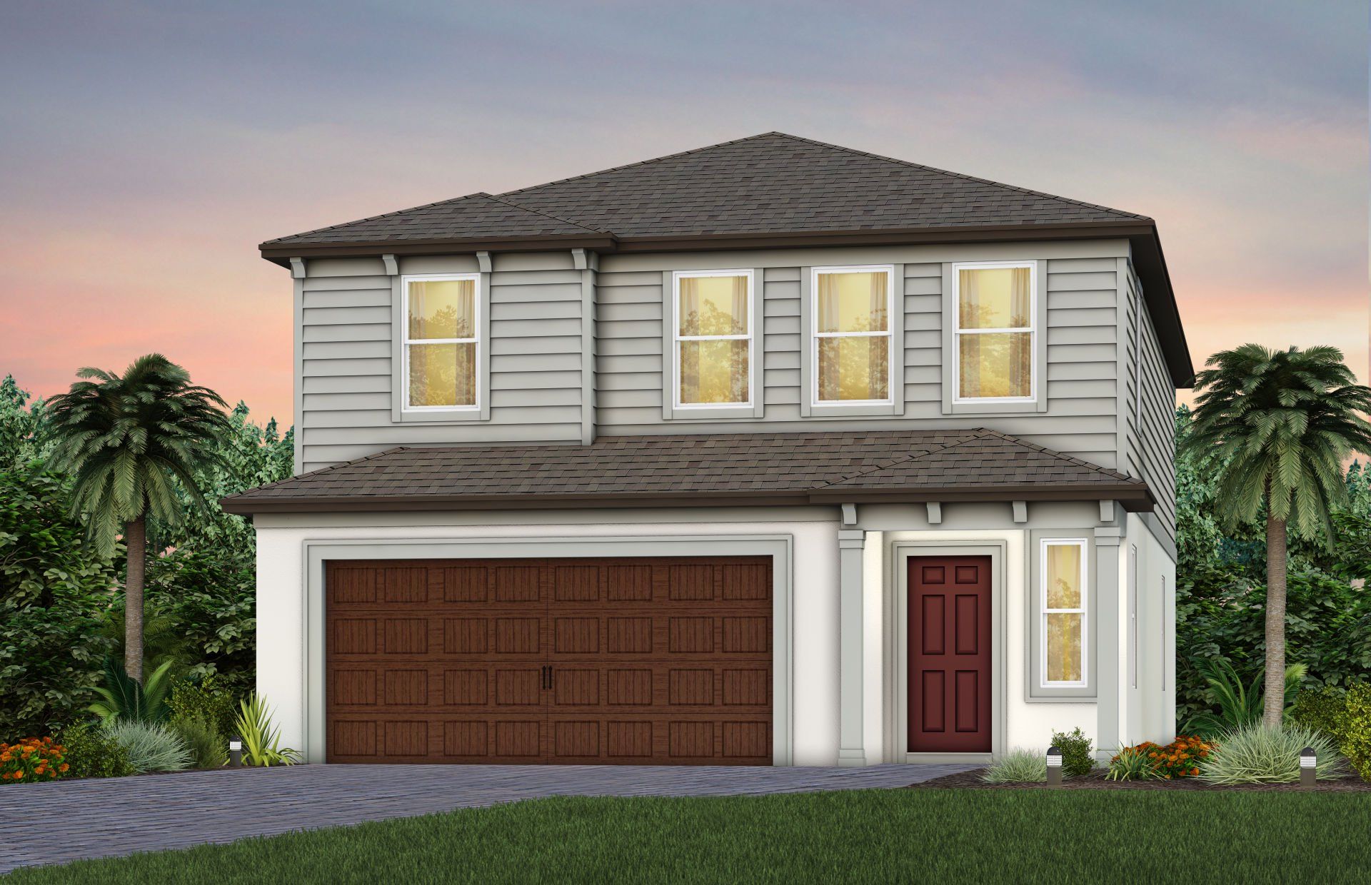 Front exterior of a new home in Vida's Way, Wesley Chapel, FL, highlighting curb appeal (Image 1). Front exterior of a new home in Vida's Way, Wesley Chapel, FL, highlighting curb appeal (Image 1).
