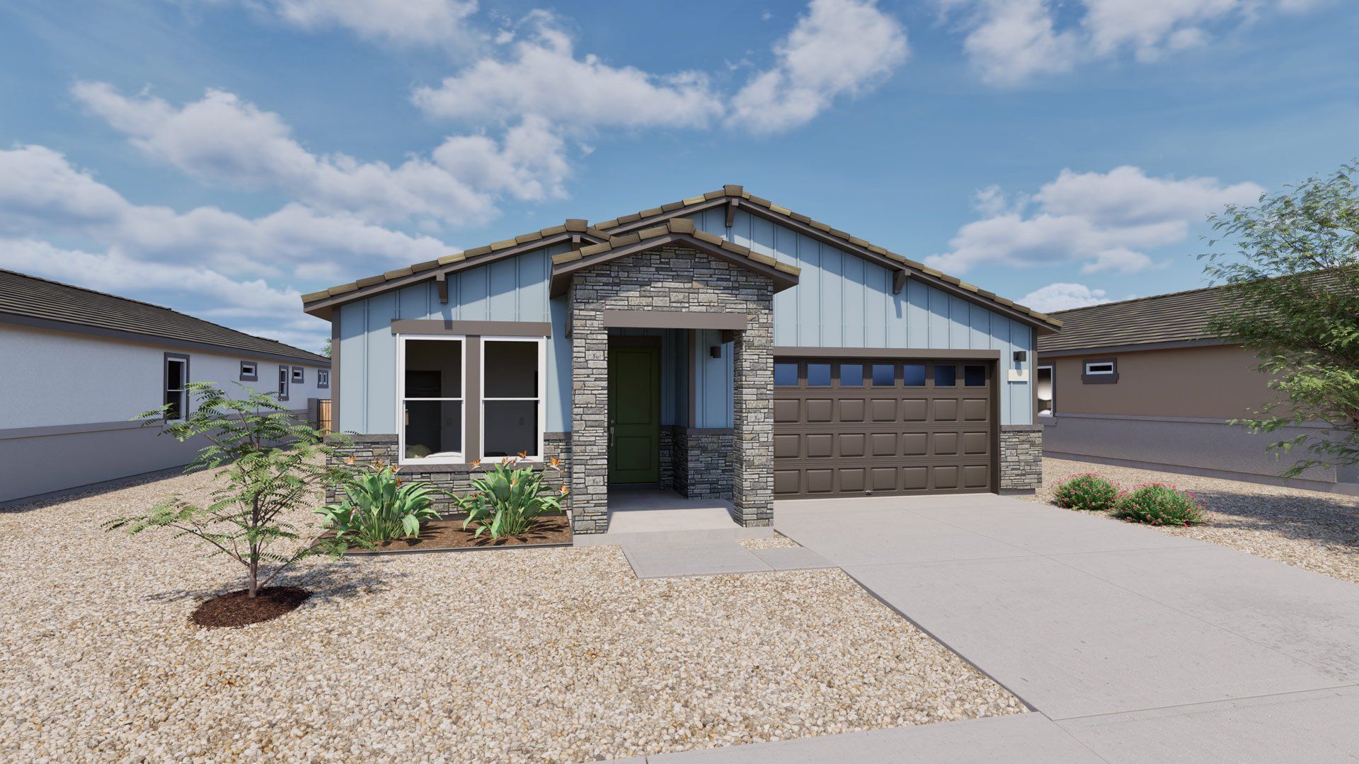 Representative exterior photo of a completed home built from the Dawn by Oakwood Homes Co in Moonlight, Maricopa, AZ (Image 1). Representative exterior photo of a completed home built from the Dawn by Oakwood Homes Co in Moonlight, Maricopa, AZ (Image 1).