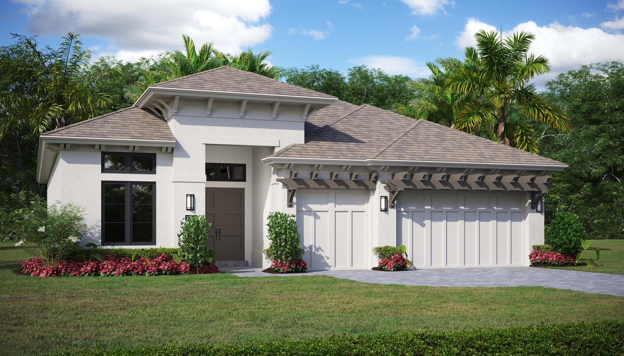 Front exterior of a new home in Seaglass, Vero Beach, FL, highlighting curb appeal (Image 1).