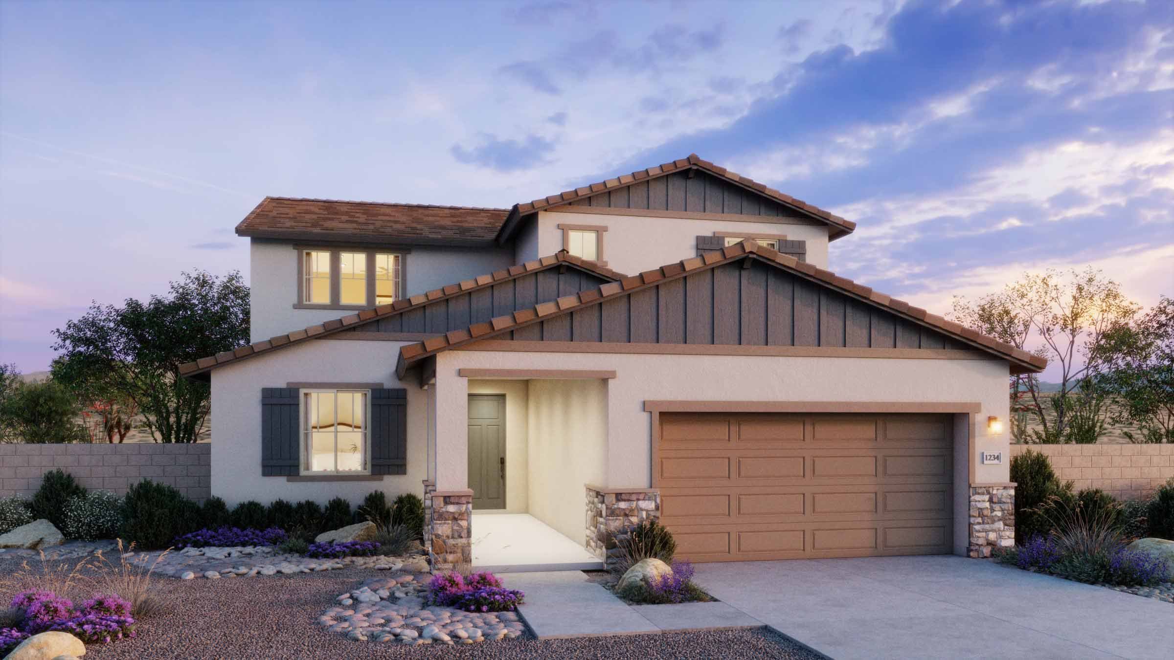 Front exterior of a new home in Copper Falls, Buckeye, AZ, highlighting curb appeal (Image 1). Front exterior of a new home in Copper Falls, Buckeye, AZ, highlighting curb appeal (Image 1).