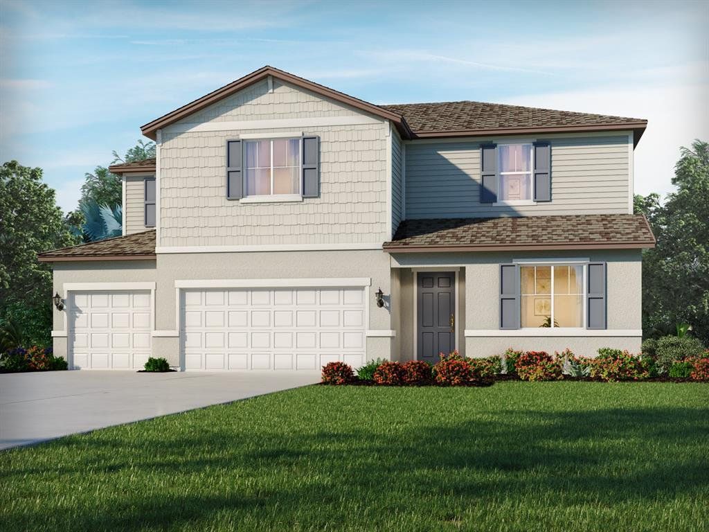Front exterior of a new home in Two Rivers - Signature Series, Zephyrhills, FL, highlighting curb appeal (Image 1). Front exterior of a new home in Two Rivers - Signature Series, Zephyrhills, FL, highlighting curb appeal (Image 1).