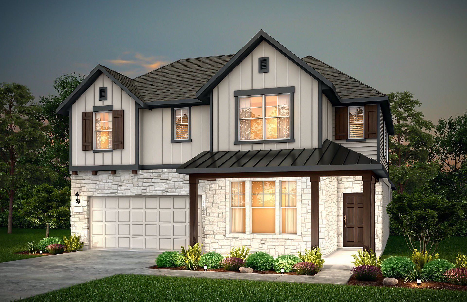 Front exterior of a new home in Saddleback at Santa Rita Ranch, Liberty Hill, TX, highlighting curb appeal (Image 1).