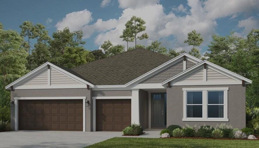 Front exterior of a new home in The Waters at Center Lake Ranch, St. Cloud, FL, highlighting curb appeal (Image 1). Front exterior of a new home in The Waters at Center Lake Ranch, St. Cloud, FL, highlighting curb appeal (Image 1).