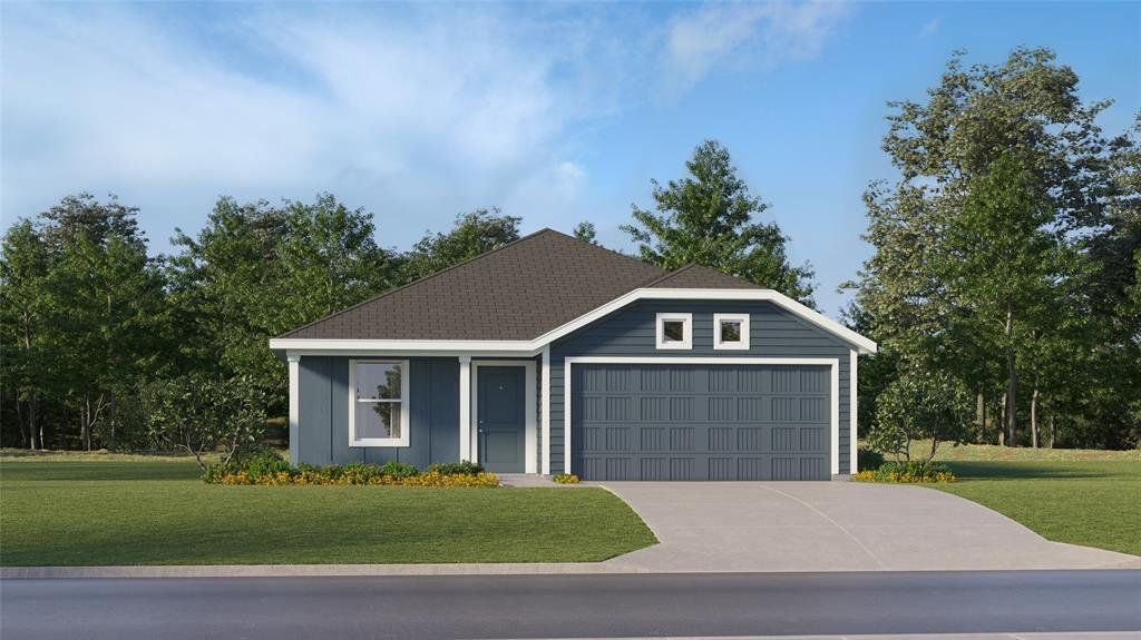 Ranch-style house with a front lawn, driveway, an attached garage, and board and batten siding