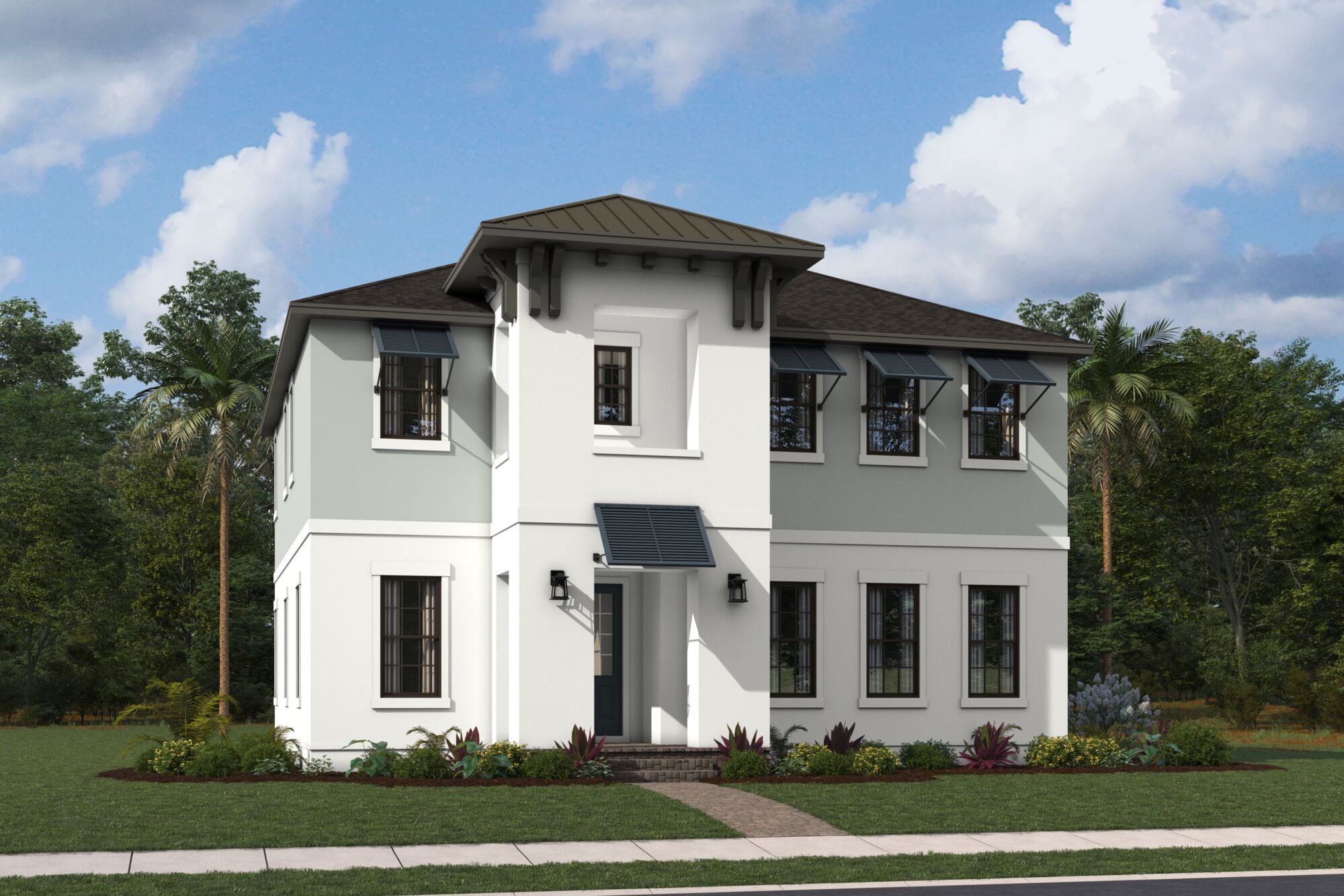 Front exterior of a new home in Newfield, Palm City, FL, highlighting curb appeal (Image 1). Front exterior of a new home in Newfield, Palm City, FL, highlighting curb appeal (Image 1).