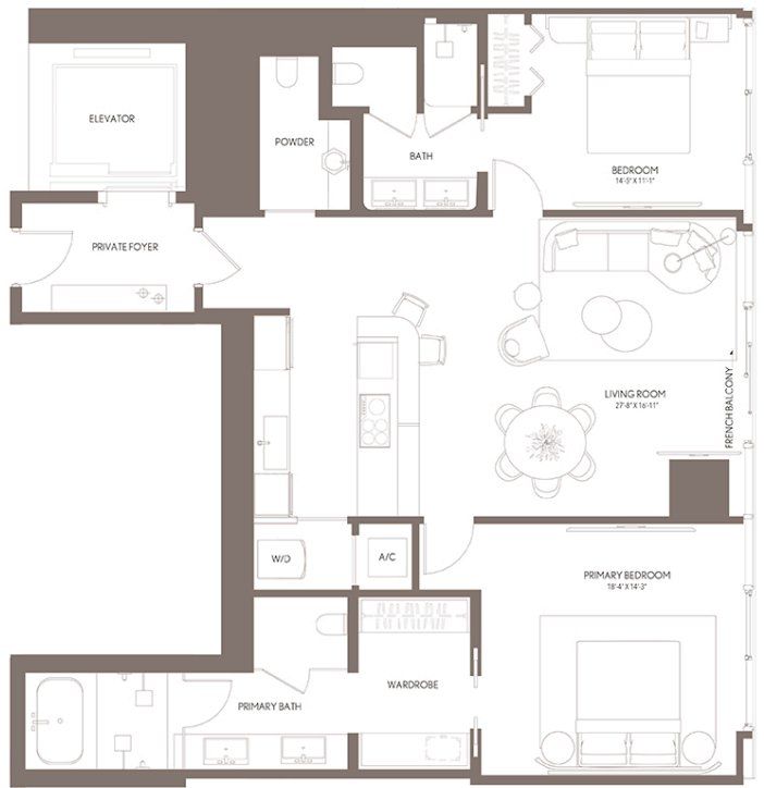 2D floor plan layout for the Residence 02 LVL 50-59 by Property Markets Group in Waldorf Astoria Residences Miami, Miami, FL (Image 1). 2D floor plan layout for the Residence 02 LVL 50-59 by Property Markets Group in Waldorf Astoria Residences Miami, Miami, FL (Image 1).
