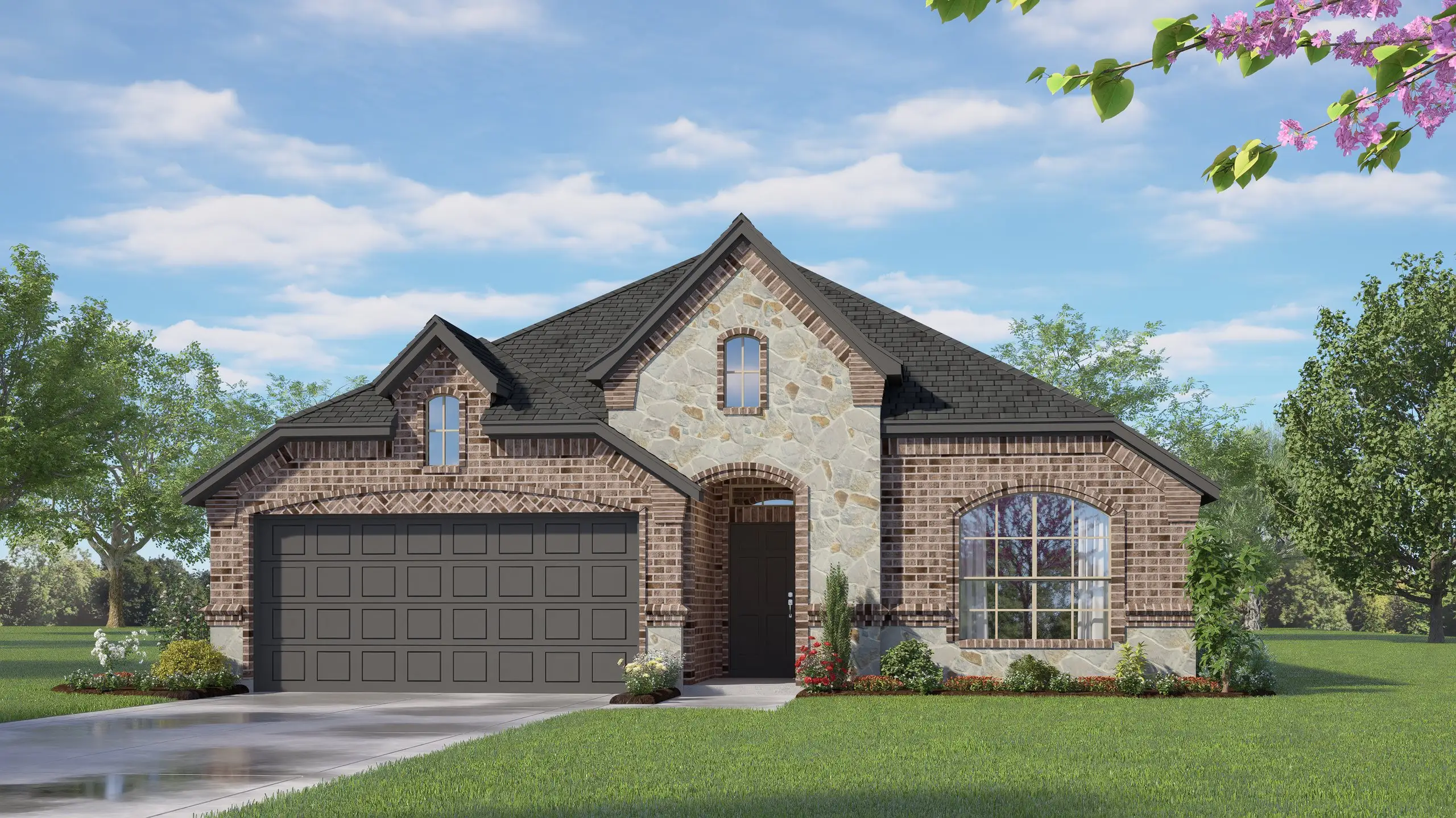 Front exterior of a new home in Meadow Park at The Meadows, Ponder, TX, highlighting curb appeal (Image 1). Front exterior of a new home in Meadow Park at The Meadows, Ponder, TX, highlighting curb appeal (Image 1).