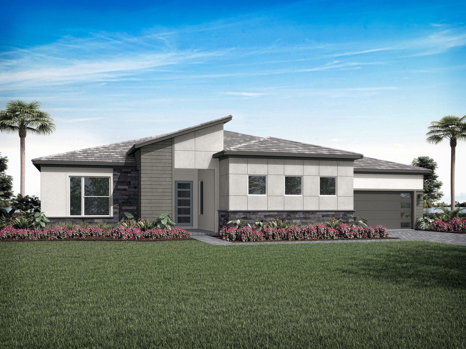 Front exterior of a new home in Tradition - Seville, Port St. Lucie, FL, highlighting curb appeal (Image 1).