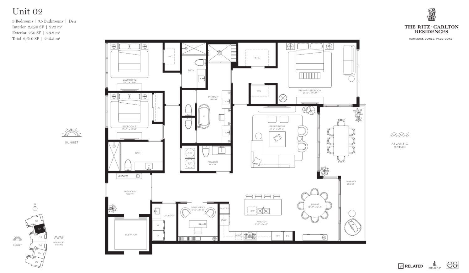 2D floor plan layout for the Unit 02 by BH Group in The Ritz-Carlton Residences, West Palm Beach, FL (Image 1).