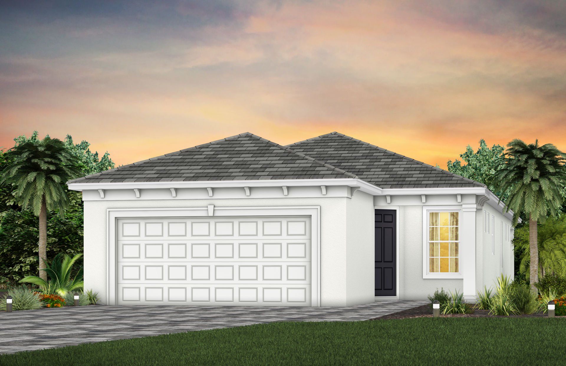 Front exterior of a new home in Costa Pointe, Vero Beach, FL, highlighting curb appeal (Image 1).