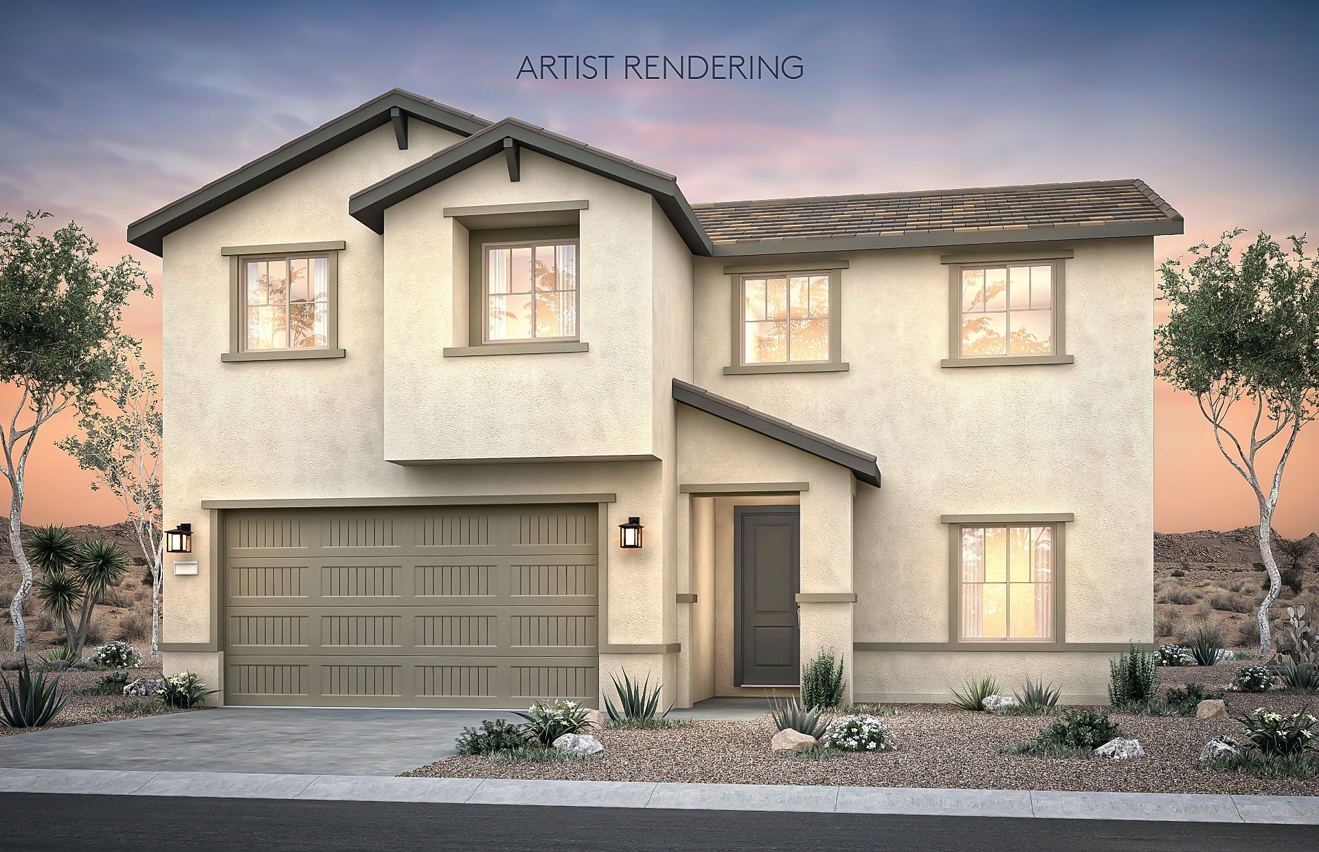 Front exterior of a new home in Festival Foothills, Buckeye, AZ, highlighting curb appeal (Image 1). Front exterior of a new home in Festival Foothills, Buckeye, AZ, highlighting curb appeal (Image 1).