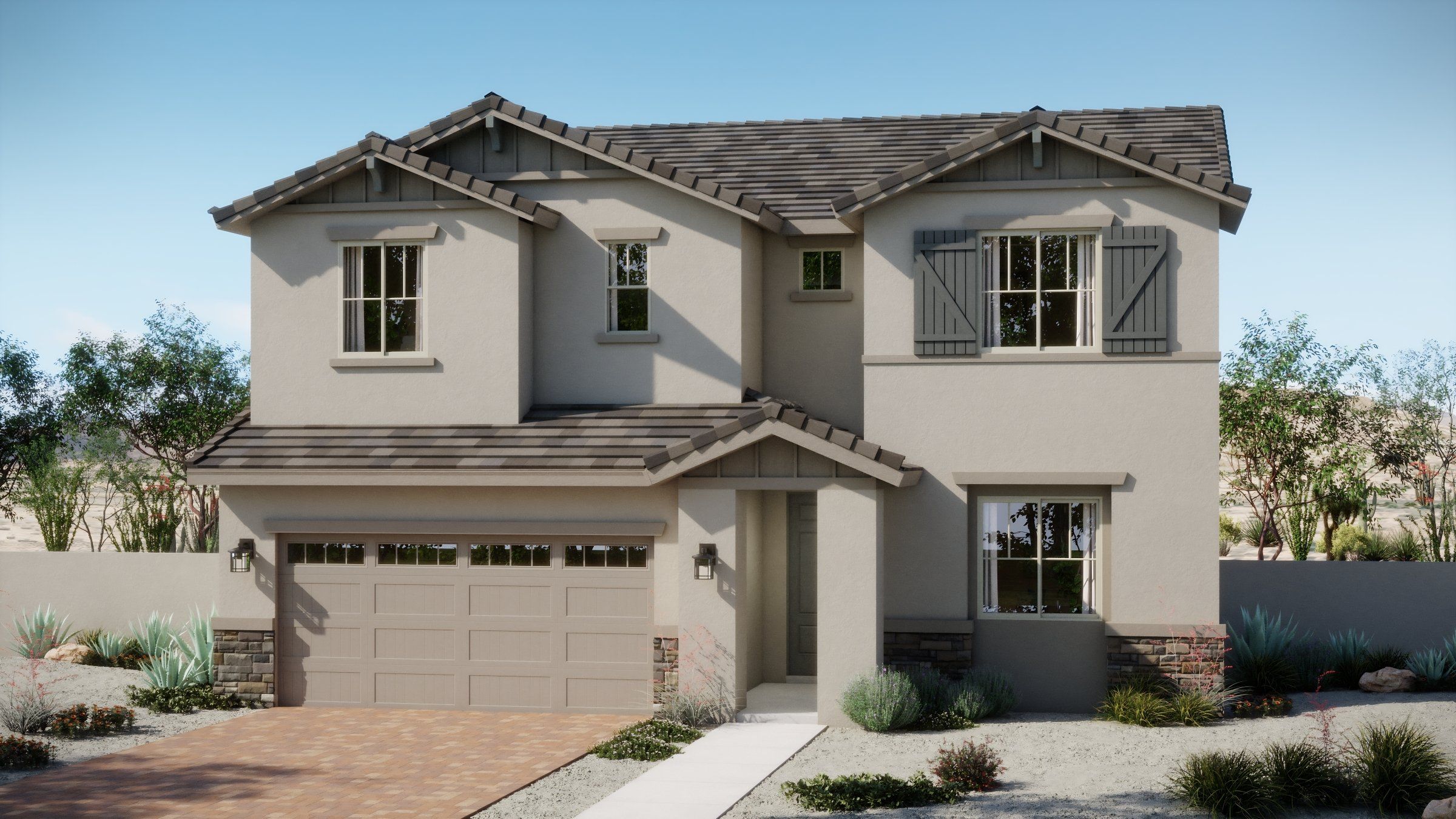 Front exterior of a new home in Trovita at Citrus Park, Goodyear, AZ, highlighting curb appeal (Image 1). Front exterior of a new home in Trovita at Citrus Park, Goodyear, AZ, highlighting curb appeal (Image 1).