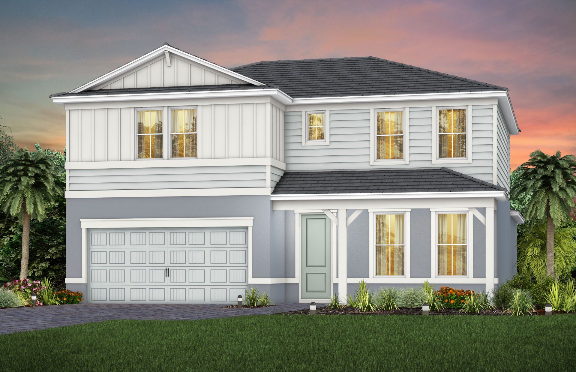 Front exterior of a new home in TerraWalk at Babcock Ranch, Alva, FL, highlighting curb appeal (Image 1). Front exterior of a new home in TerraWalk at Babcock Ranch, Alva, FL, highlighting curb appeal (Image 1).