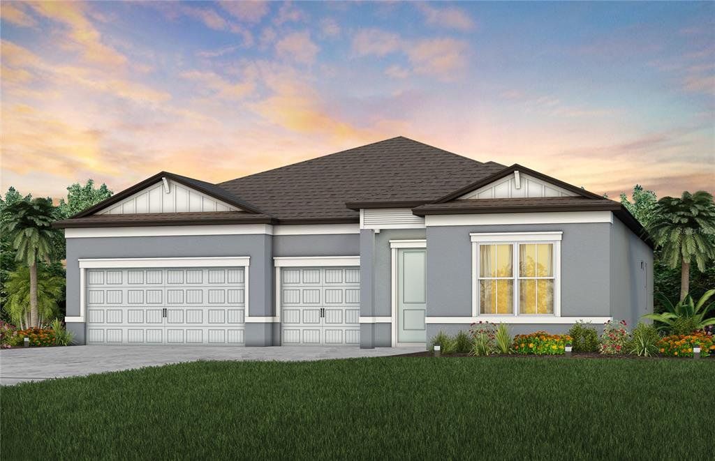 Front exterior of a new home in Riverwood, Zephyrhills, FL, highlighting curb appeal (Image 1). Front exterior of a new home in Riverwood, Zephyrhills, FL, highlighting curb appeal (Image 1).