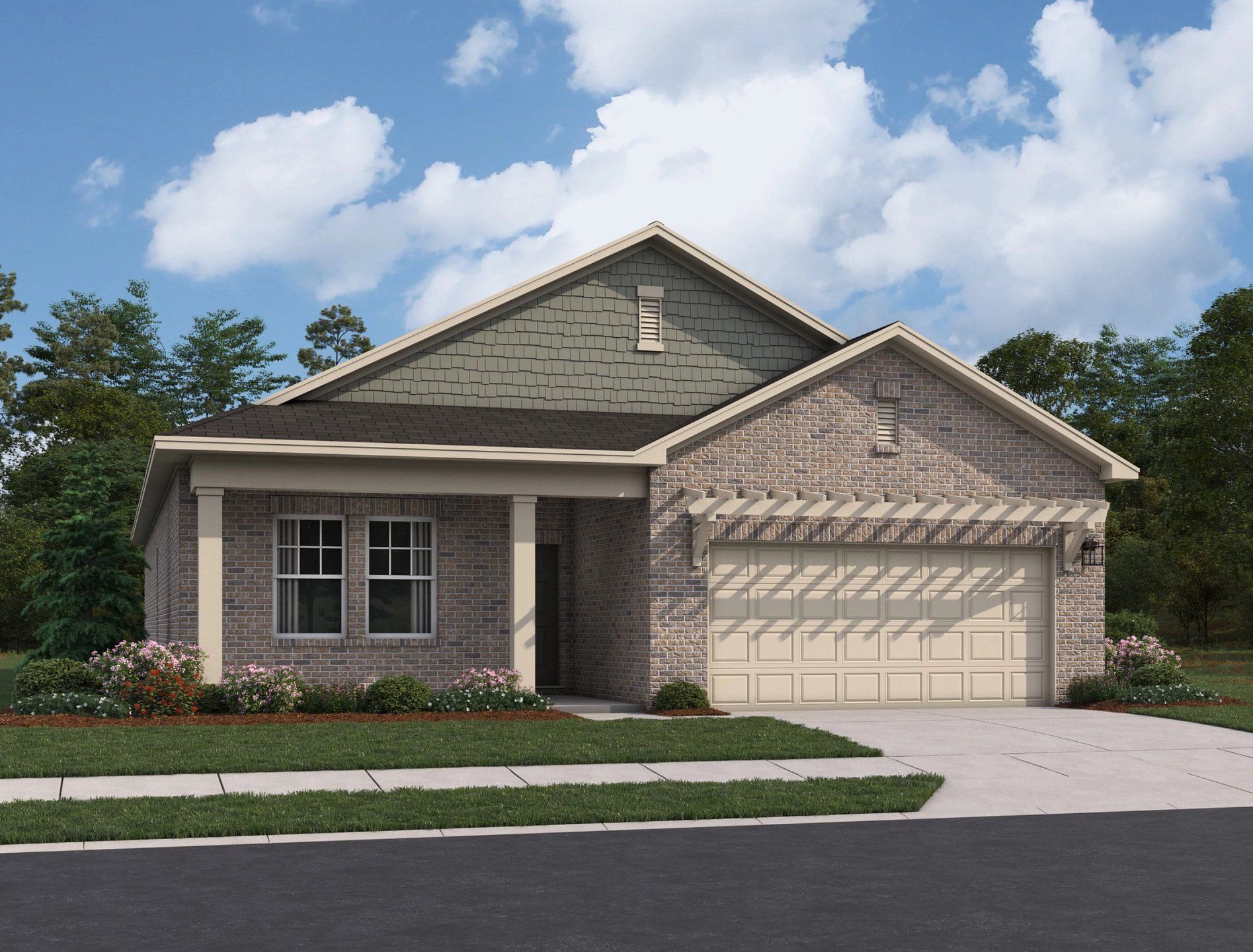 Front exterior of a new home in Kendall Grove, McDonough, GA, highlighting curb appeal (Image 1). Front exterior of a new home in Kendall Grove, McDonough, GA, highlighting curb appeal (Image 1).