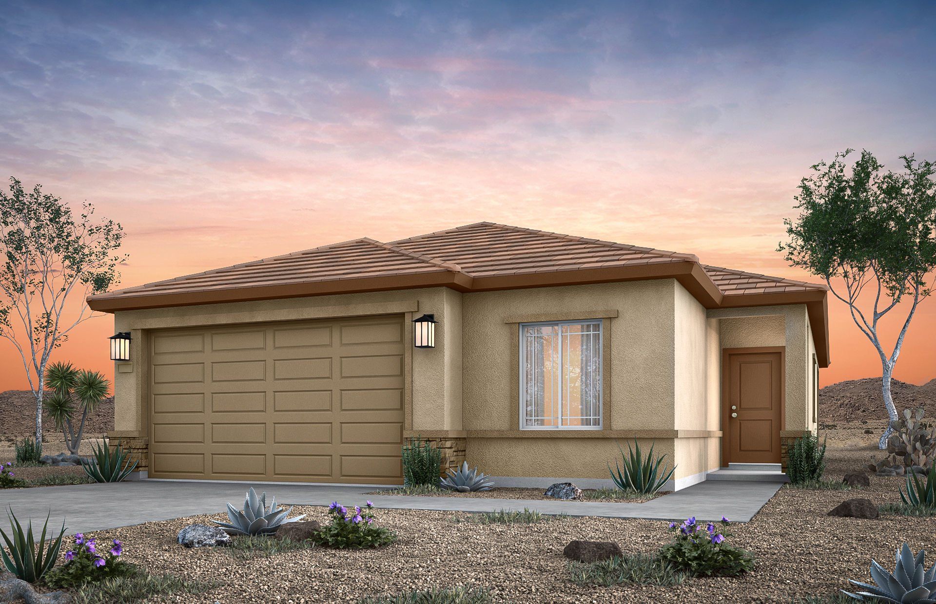 Front exterior of a new home in El Rancho Santa Rosa, Maricopa, AZ, highlighting curb appeal (Image 1). Front exterior of a new home in El Rancho Santa Rosa, Maricopa, AZ, highlighting curb appeal (Image 1).