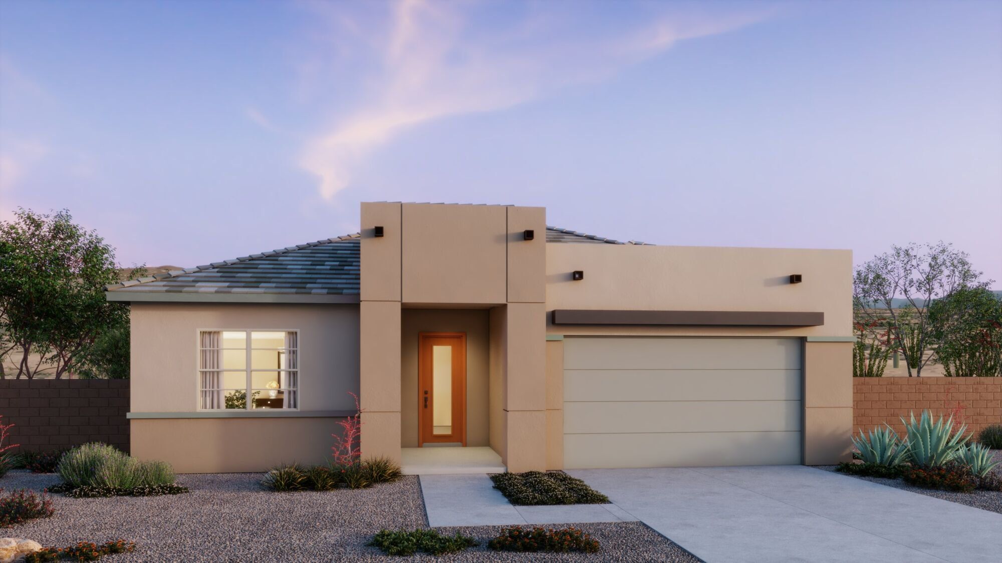 Front exterior of a new home in Saguaro Reserve II, Marana, AZ, highlighting curb appeal (Image 1). Front exterior of a new home in Saguaro Reserve II, Marana, AZ, highlighting curb appeal (Image 1).