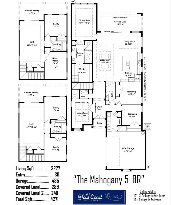 2D floor plan layout for the The Mahogany 5BR by Gold Coast Custom Homes in The Conservatory, Palm Coast, FL (Image 1).