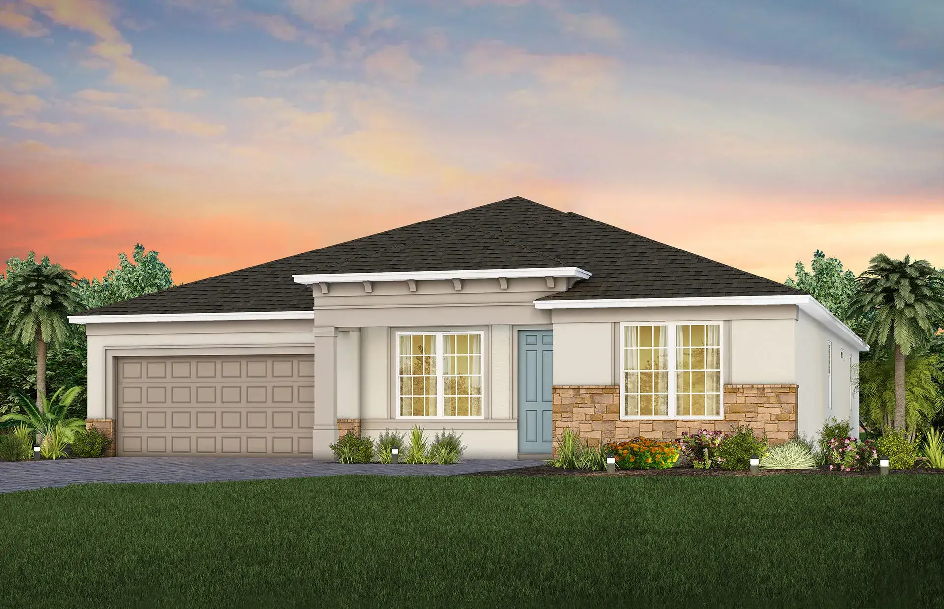 Front exterior of a new home in Bridgewalk, St. Cloud, FL, highlighting curb appeal (Image 1). Front exterior of a new home in Bridgewalk, St. Cloud, FL, highlighting curb appeal (Image 1).